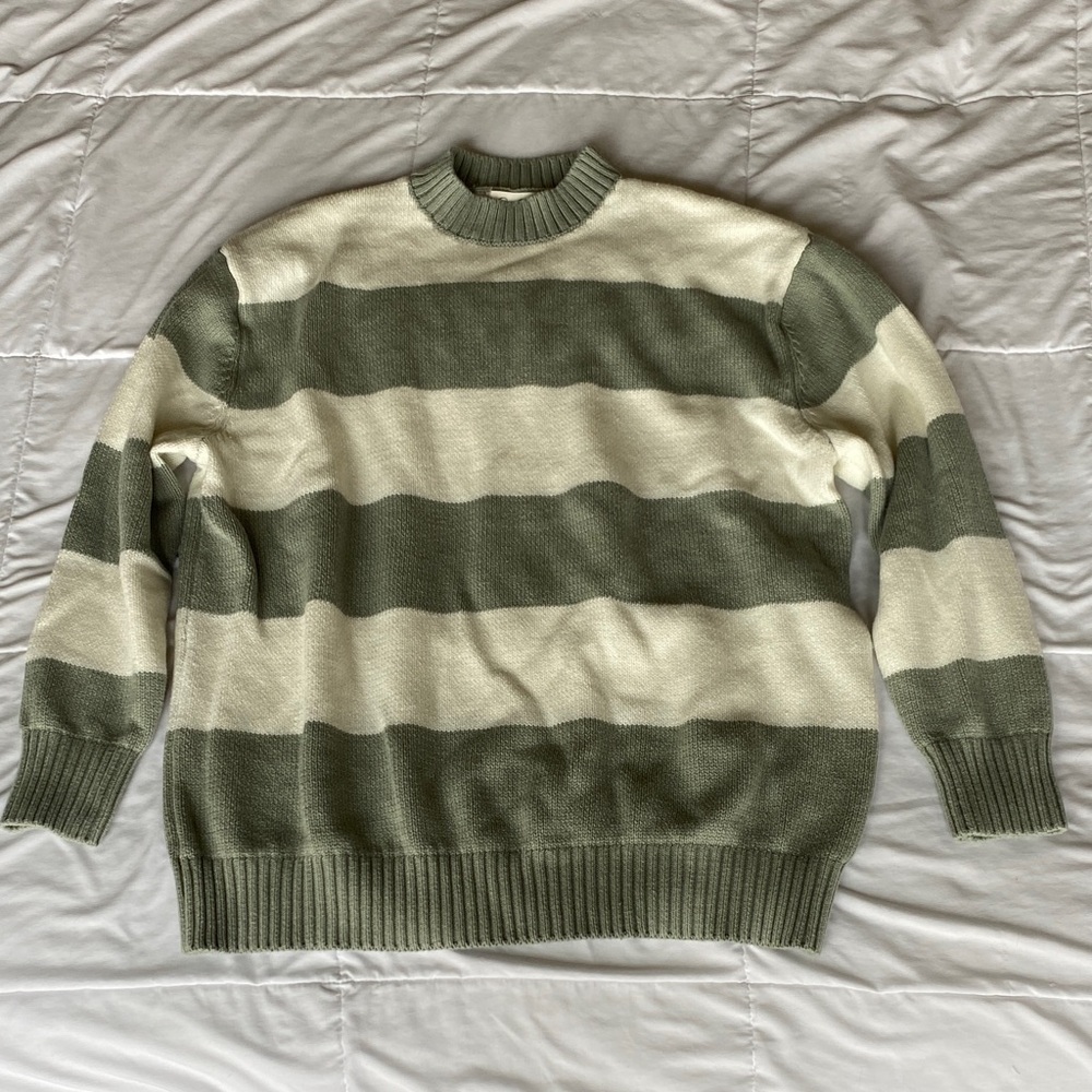 Jessica Simpson Olive Green and Cream Striped Crewneck Sweater